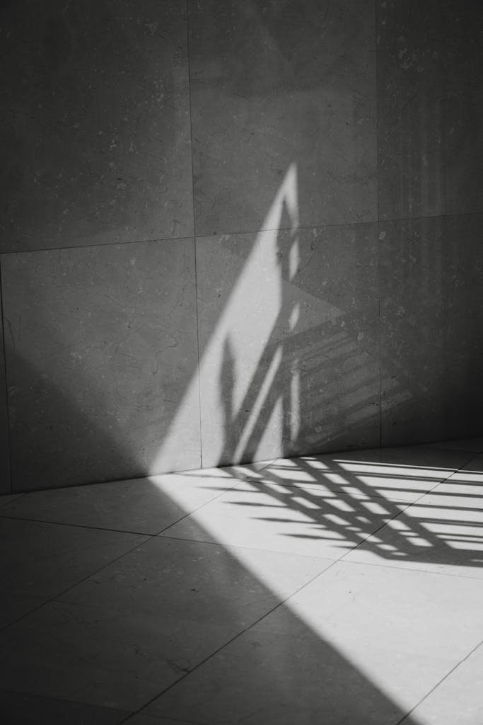A black and white image showcasing a dramatic shadow cast on a stone wall, creating an abstract pattern.